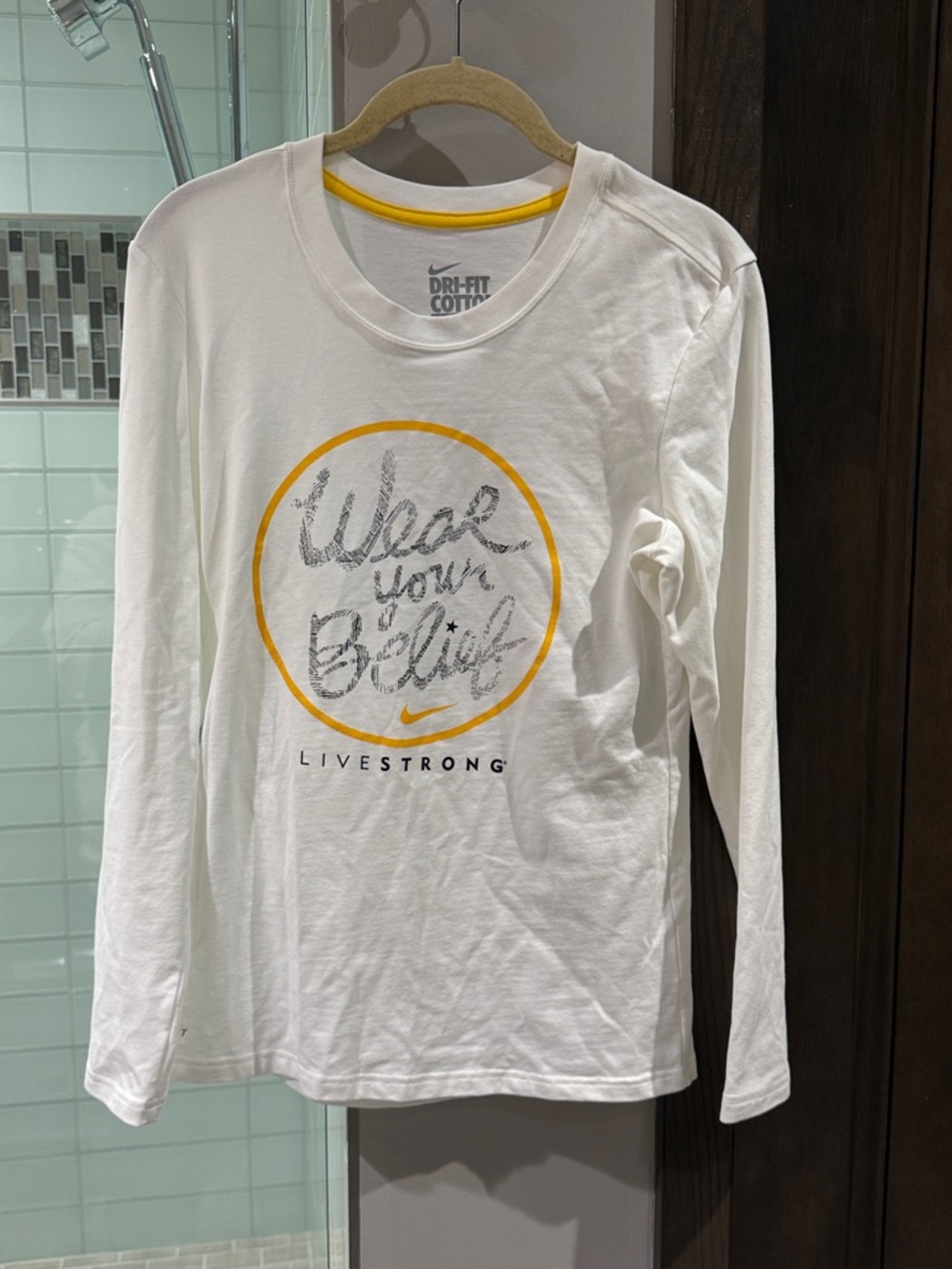 Nike White Long Sleeve Livestong Tee with Yellow Accent